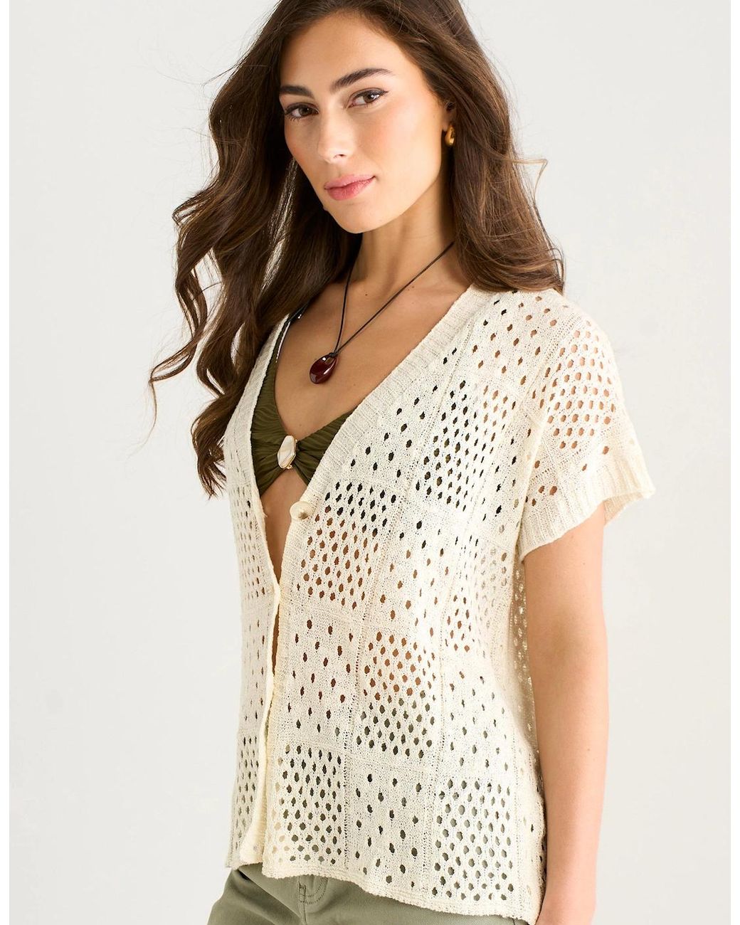 Gini London Natural Crochet Button Front Cardigan