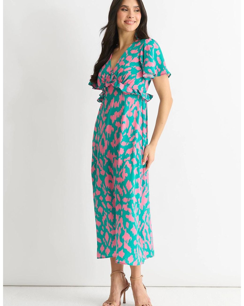 Gini London Blue Animal Print V Neck Ruffle Midi Dress