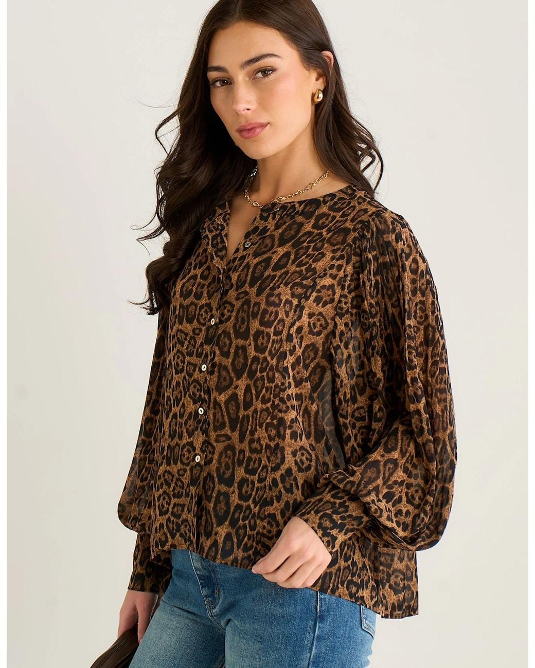 Gini London Black Chiffon Animal Print Pleated Shift Shirt Blouse