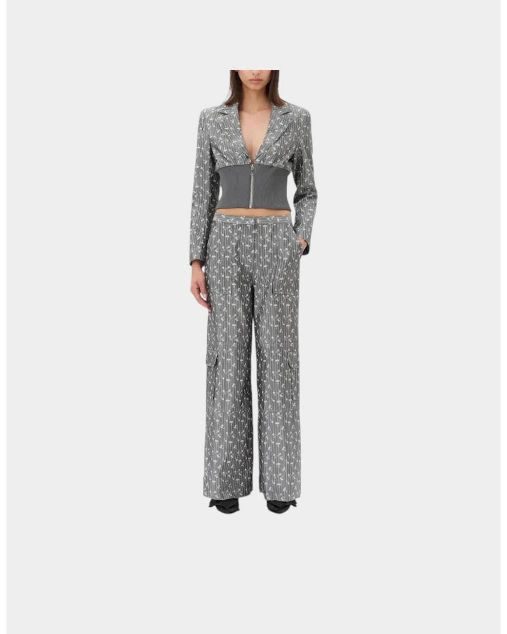 Ganni Gray Jacquard Cropped Blazer Smoked Pearl