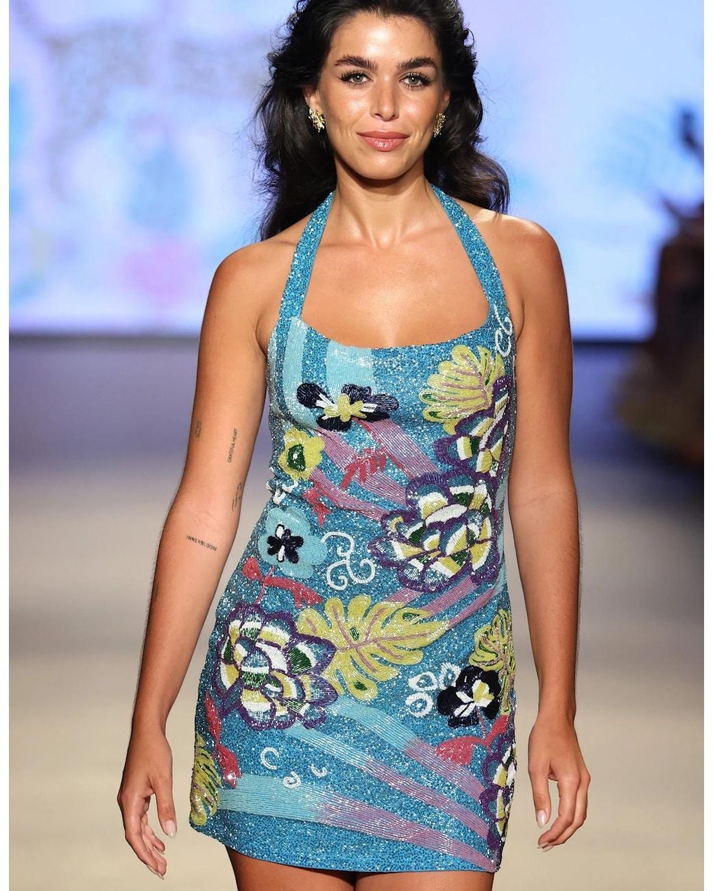 Oceanus Blue Flower And Monsterra Hand Beaded Mini Dress