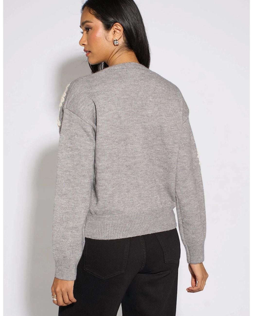 Gini London Gray Marl Floral Applique Button Front Cardigan