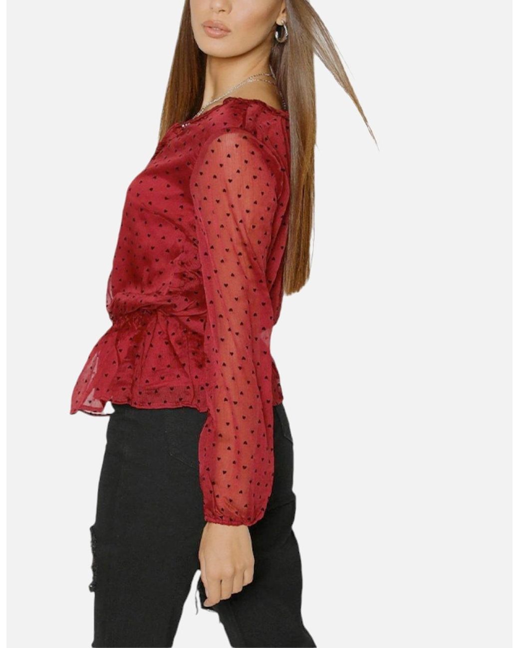 Brave Soul Red Heart Tops Long Sleeve V Neck Ladies Ruffle Casual Blouse Tee
