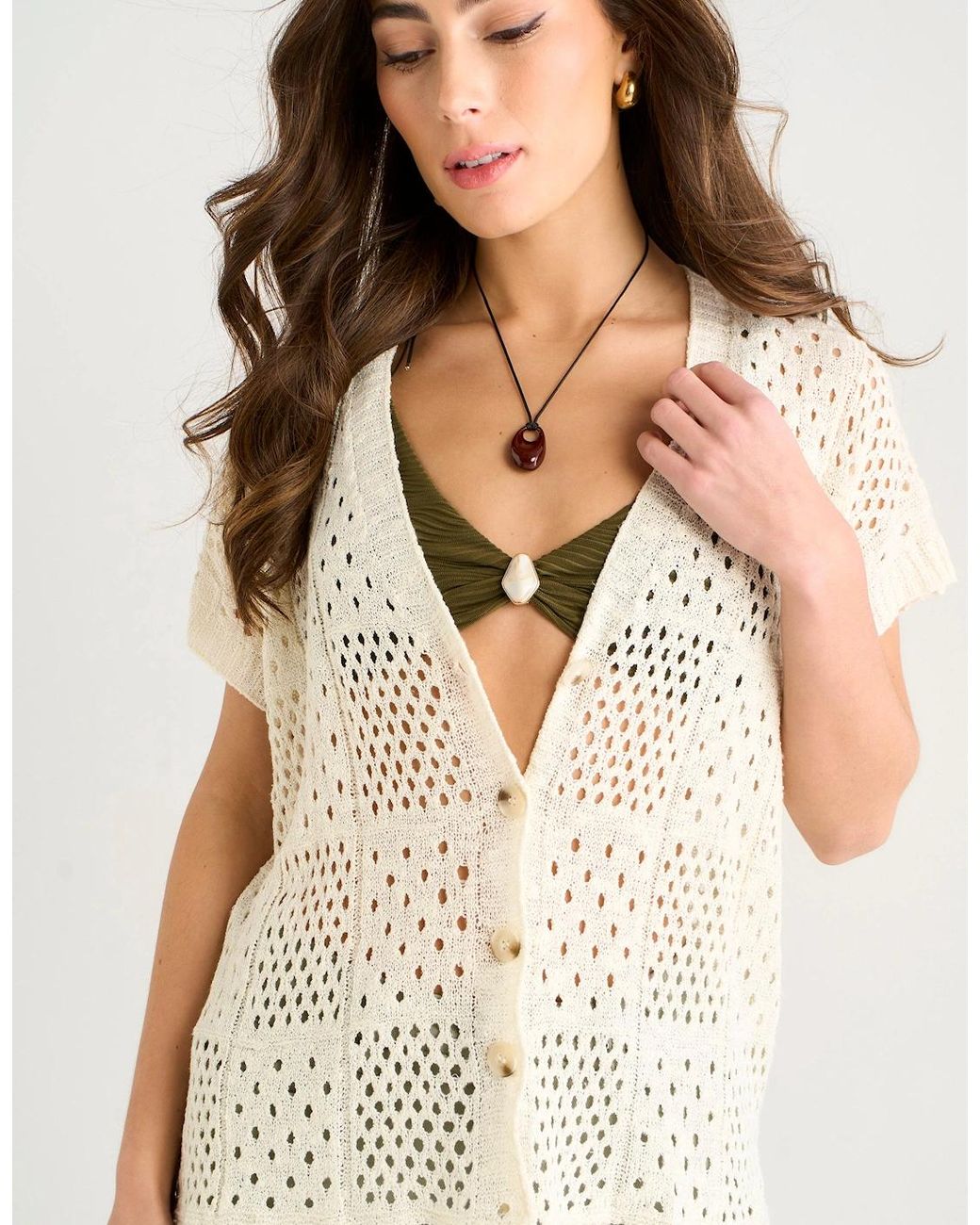 Gini London Natural Crochet Button Front Cardigan