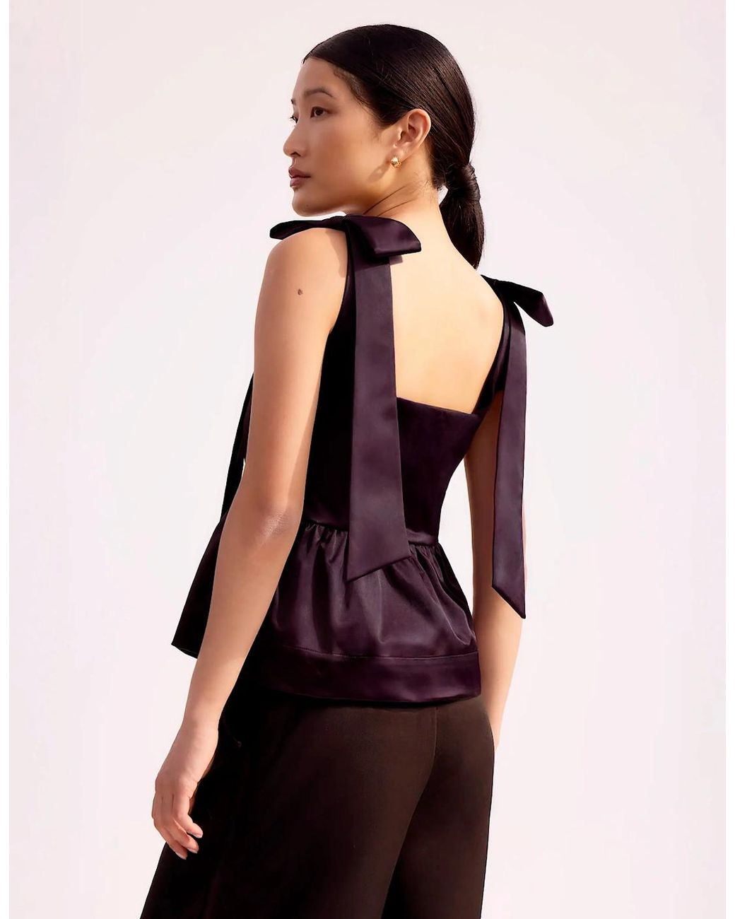 Ro&zo Purple Burgundy Bow-Detail Peplum Satin Top