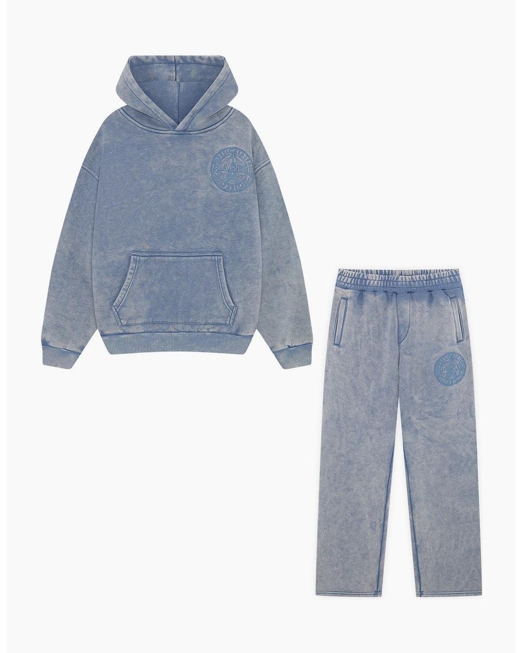 Magrit Blue Embroidered Acid Wash Hoodie & Jogger Tracksuit for men