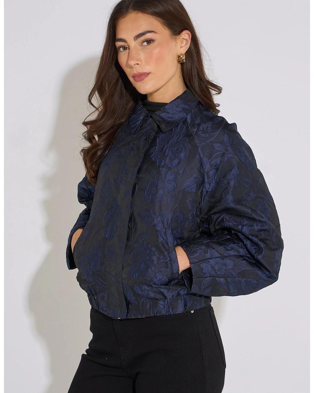 Gini London Blue Floral Jacquard Bomber Jacket