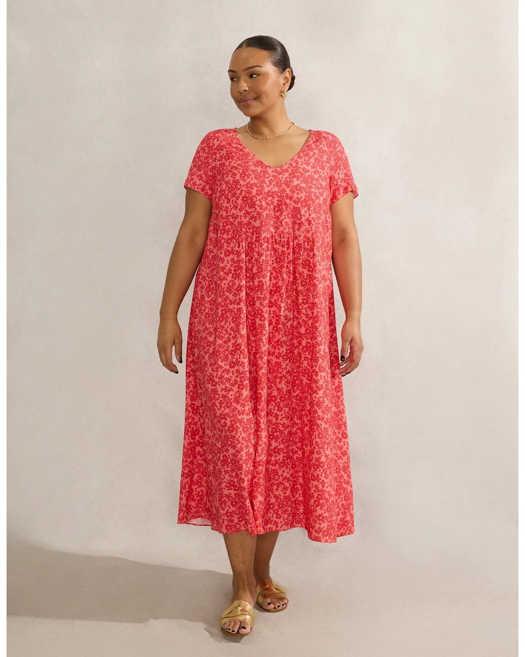 Live Unlimited London Red Ditsy Short Sleeve Midi Dress