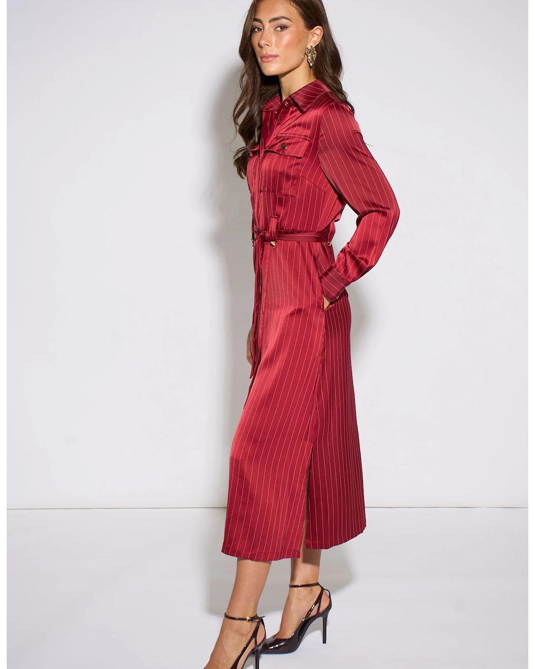 Gini London Red Mulberry Pinstripe Shirt Utility Belted Shirt Dress