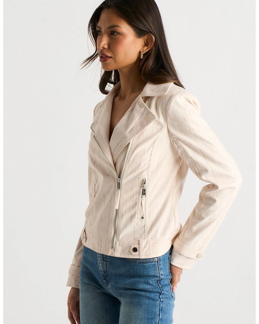 Gini London Natural Corduroy Asymmetrical Zip Moto Jacket