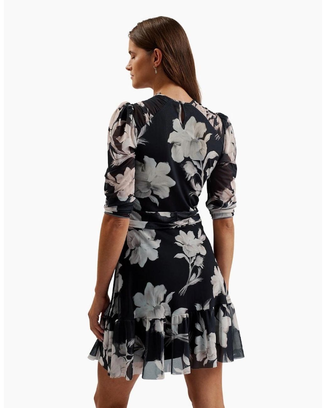 Ted Baker Black Carmel Gathered Shoulder Mesh Mini Dress