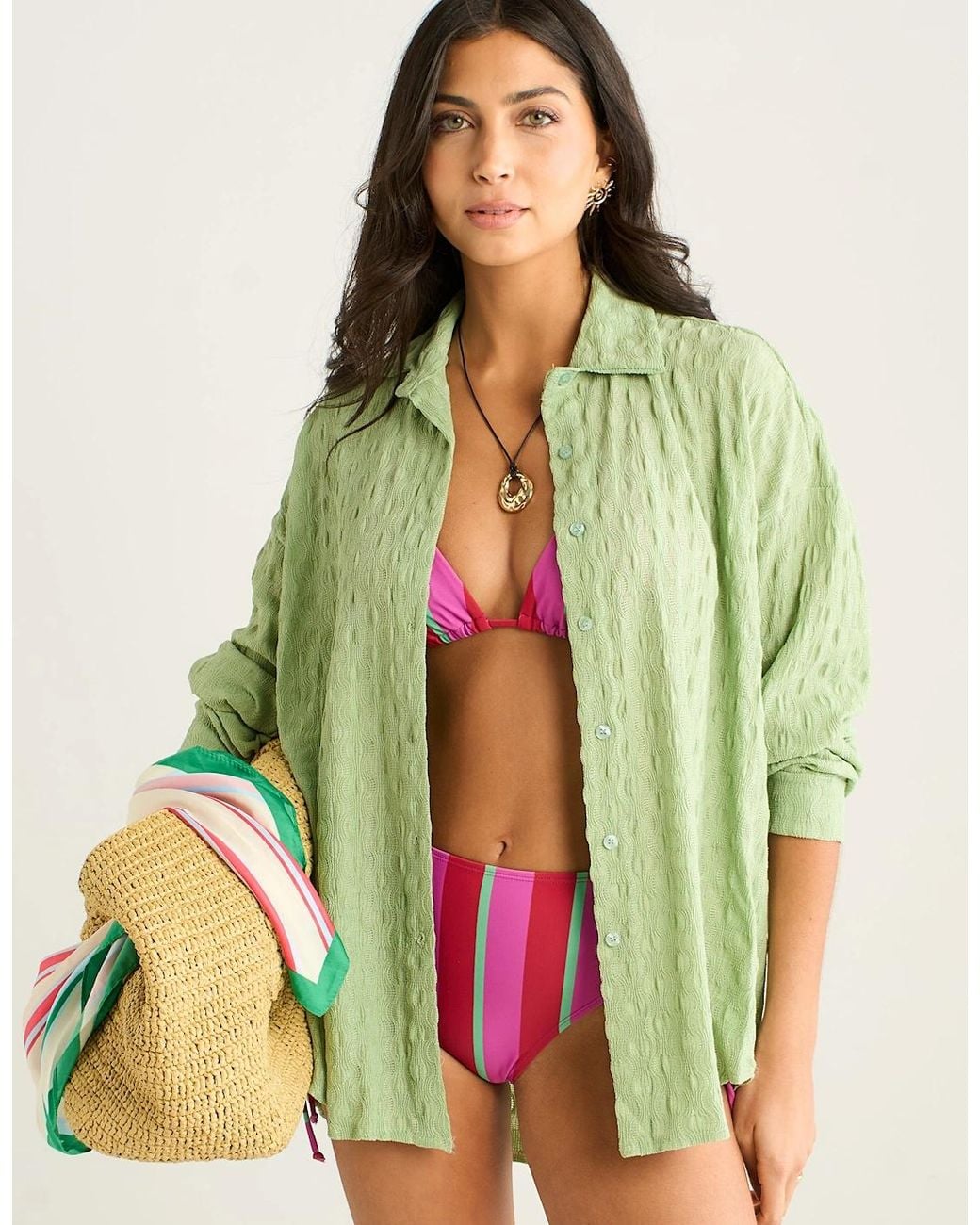 Gini London Green Sage Textured Oversized Long Sleeve Shirt