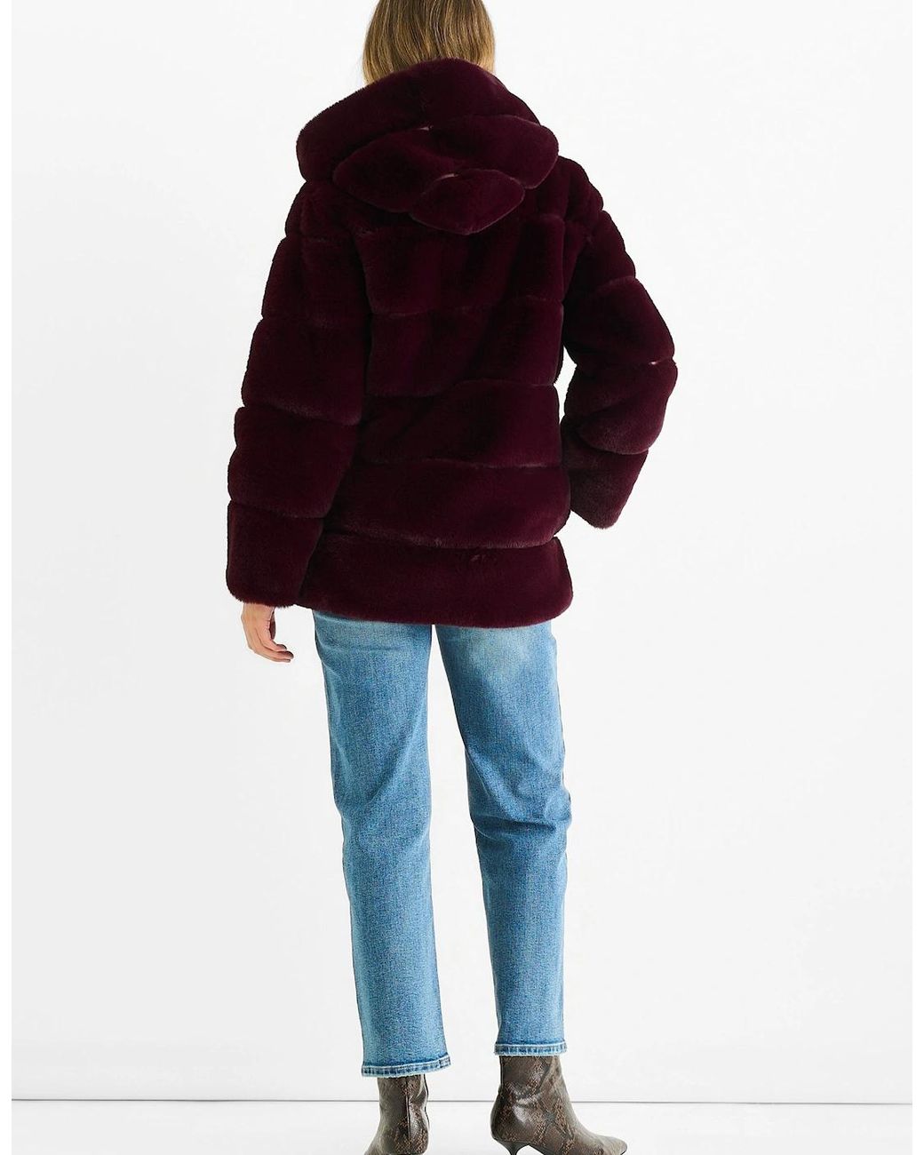 Gini London Red Dark Burgundy Horizontal Cut Fur Hooded Jacket
