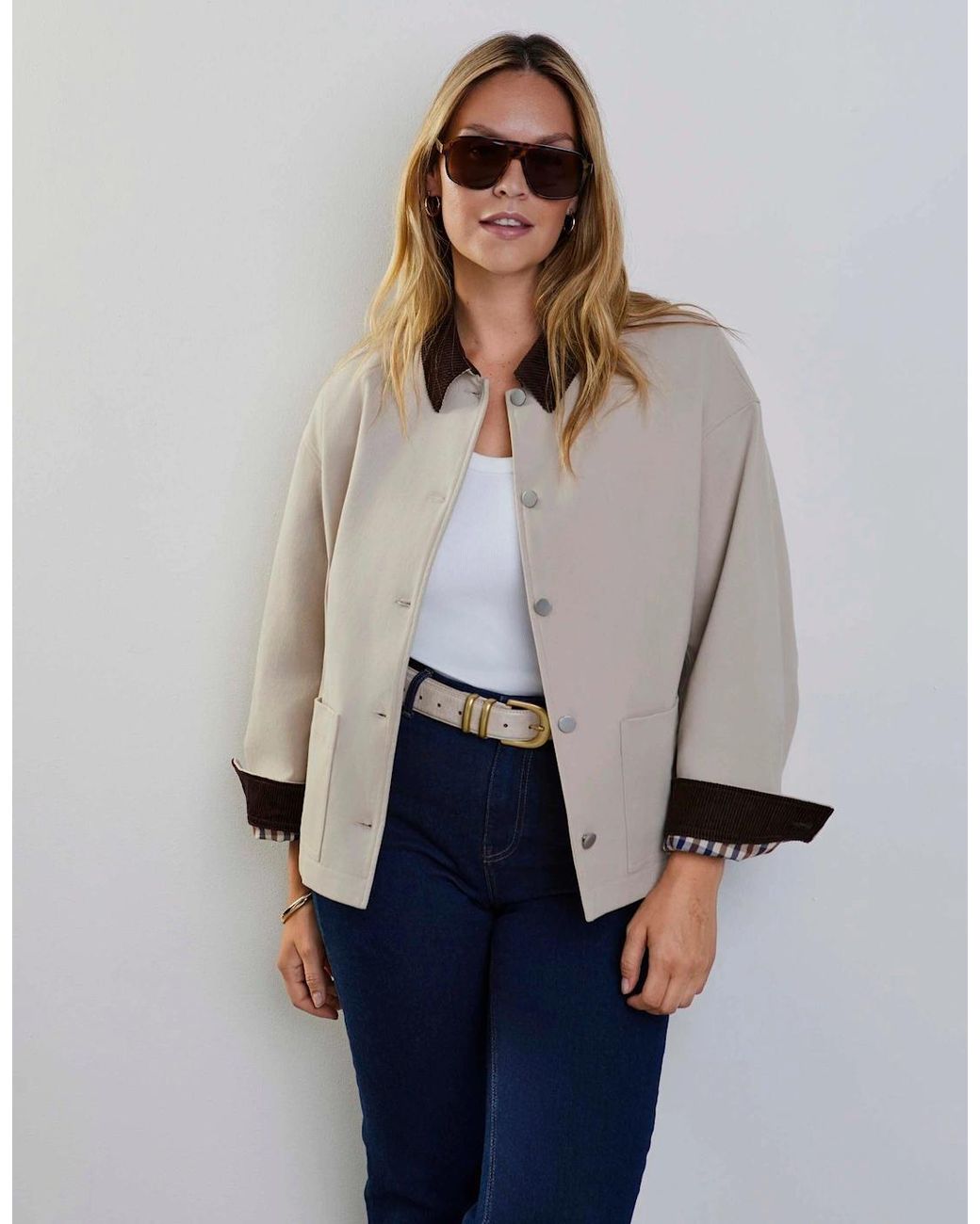 Live Unlimited London White Oatmeal Cord Collar Jacket