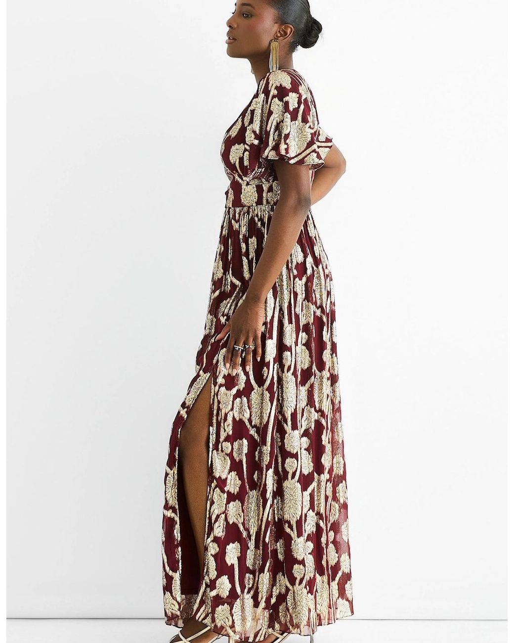 Gini London Multicolor Burgundy Metallic Jacquard Flutter Sleeves Floral Maxi Dress