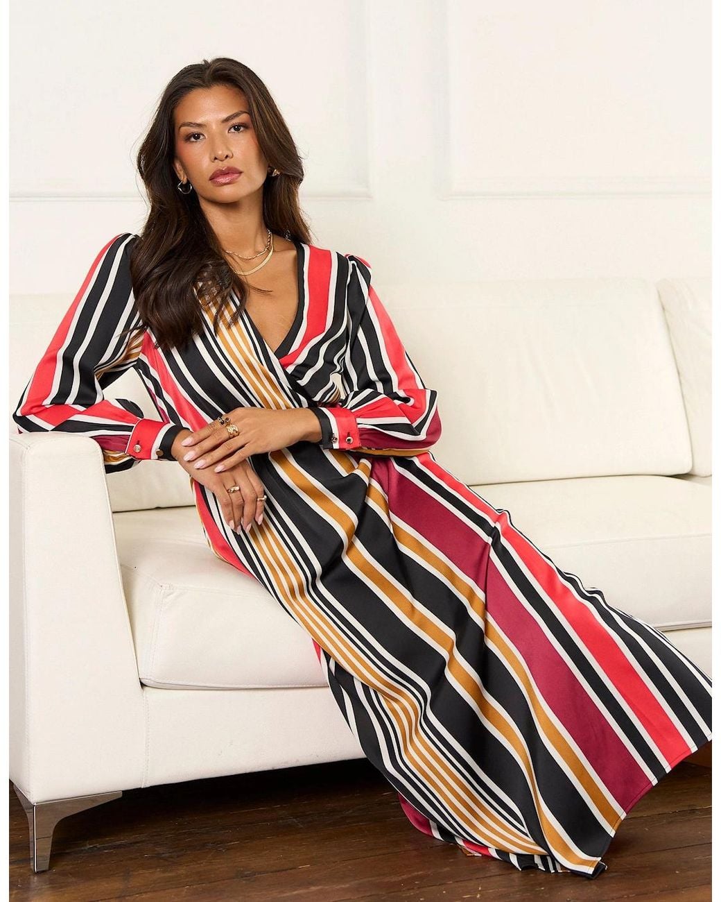 Gini London Red Multi Stripe Satin Wrap Midaxi Dress