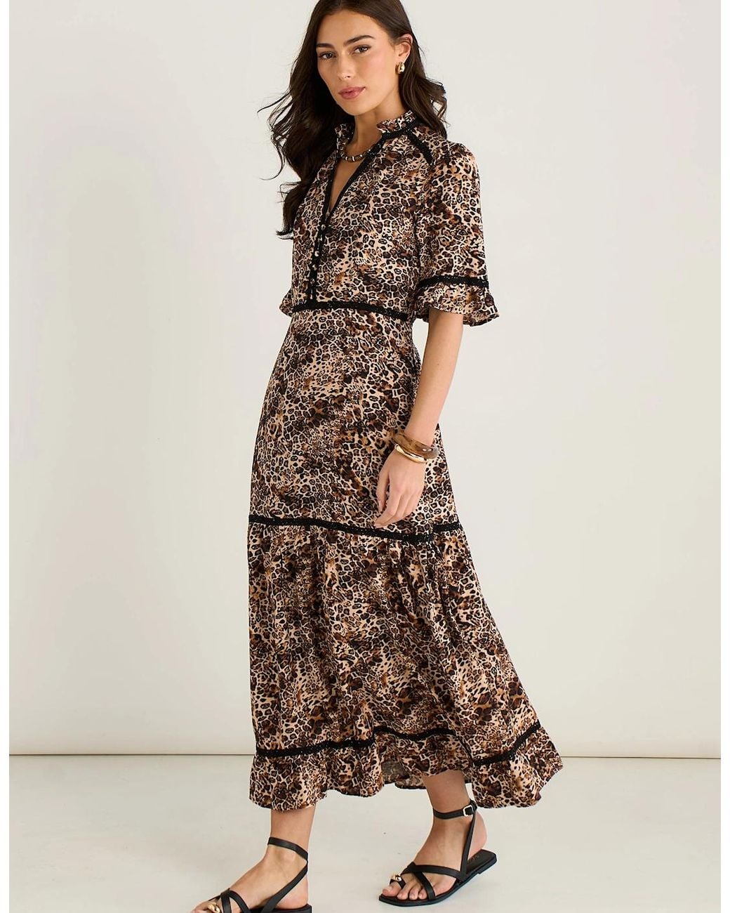 Gini London Brown Animal Print Lace Trim Tiered Midi Dress