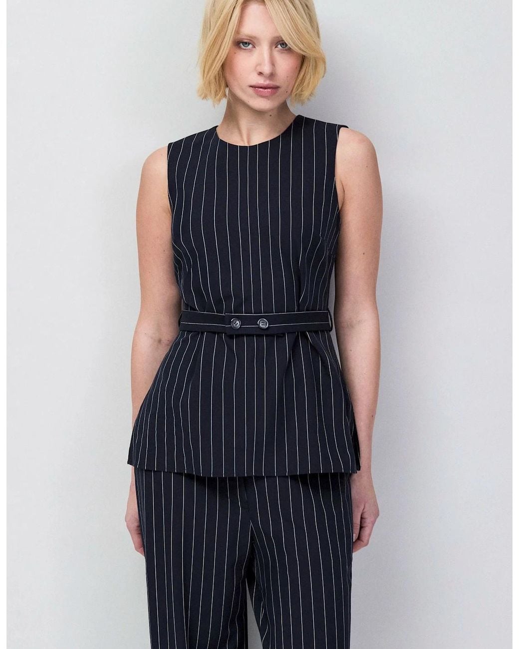 Ro&zo Blue Petite Pinstripe Tailored Long Line Top