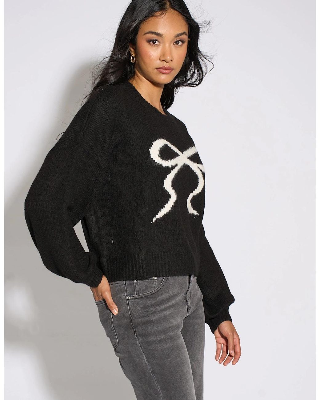 Gini London Black Contrast Bow Pattern Oversized Jumper