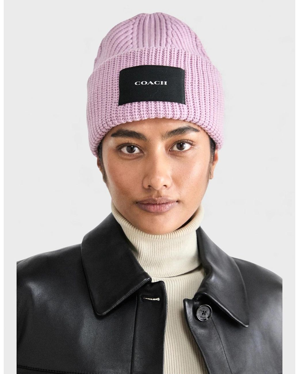 COACH Pink Woven Patch Beanie Faded