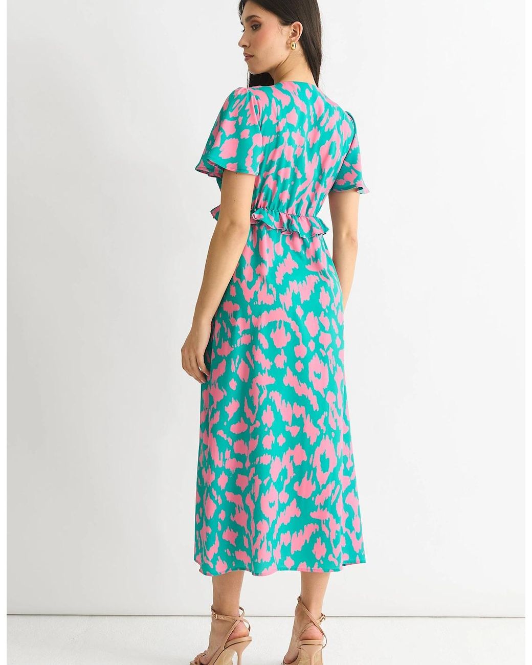 Gini London Blue Animal Print V Neck Ruffle Midi Dress