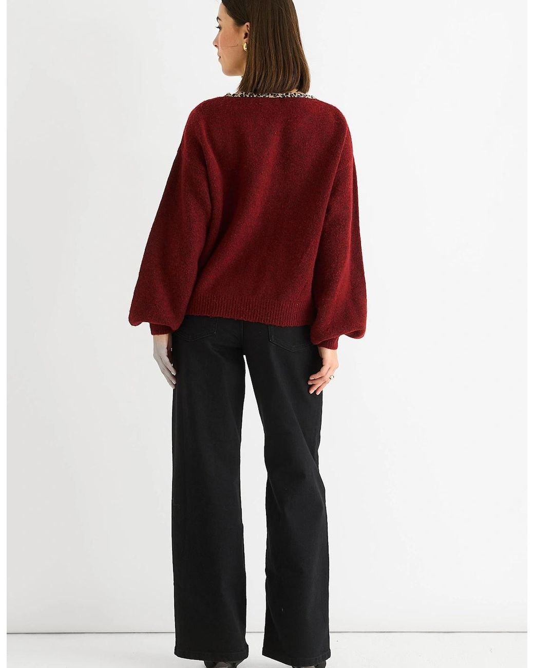 Gini London Red Burgundy Contrast Animal Tie Oversized Knit Cardigan
