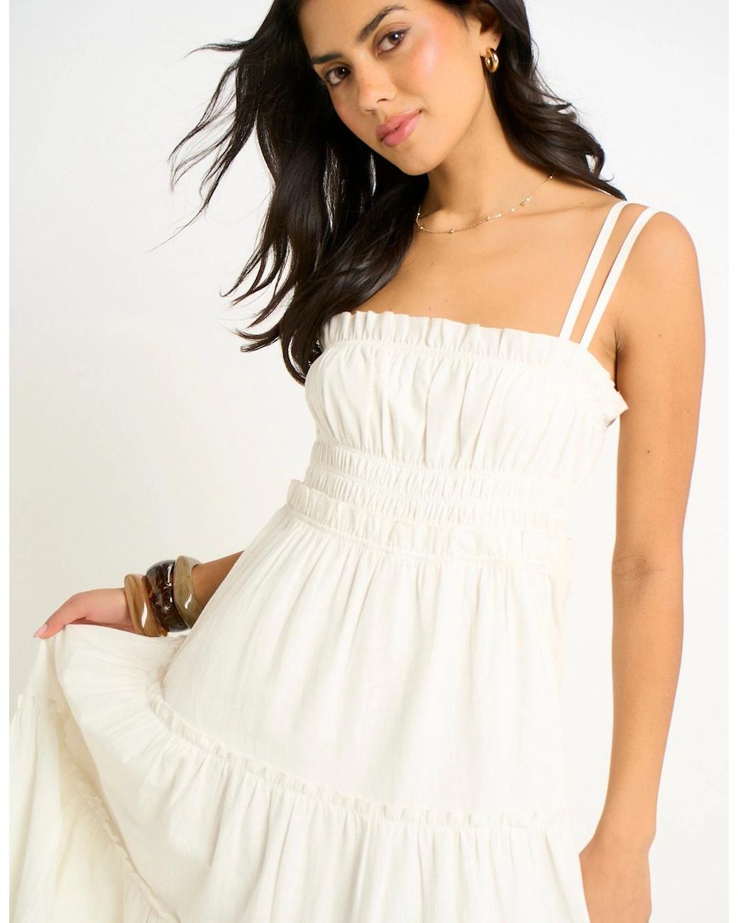 Gini London Natural Cotton Shirred Strappy Flare Maxi Dress