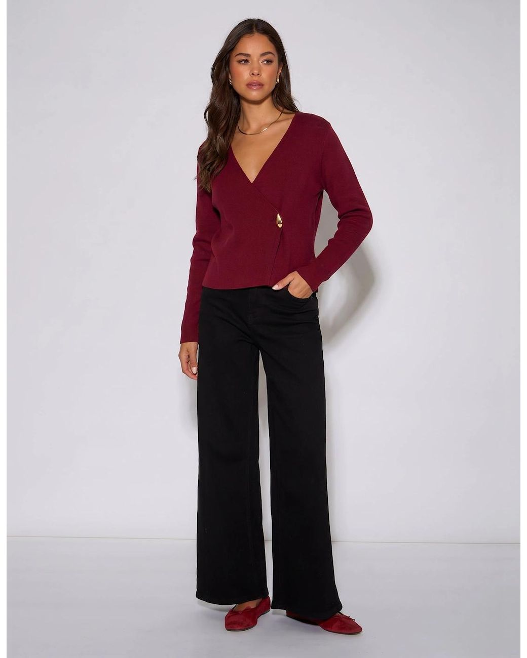 Gini London Red Burgundy Button Wrap Compact Knit Cardigan