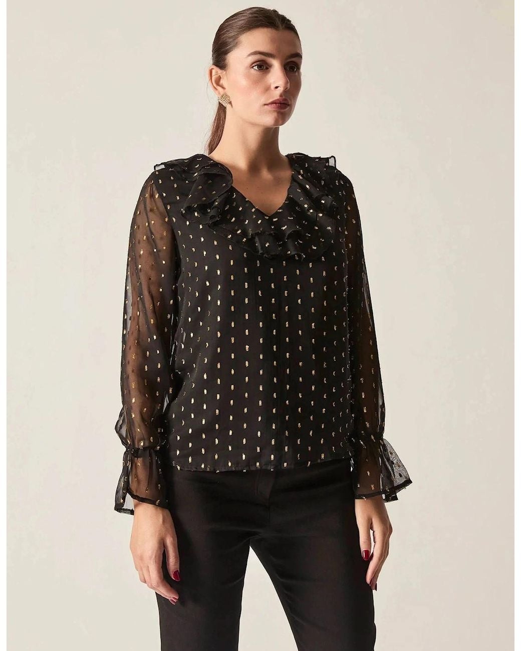 James Lakeland Black Metallic Ruffle Blouse