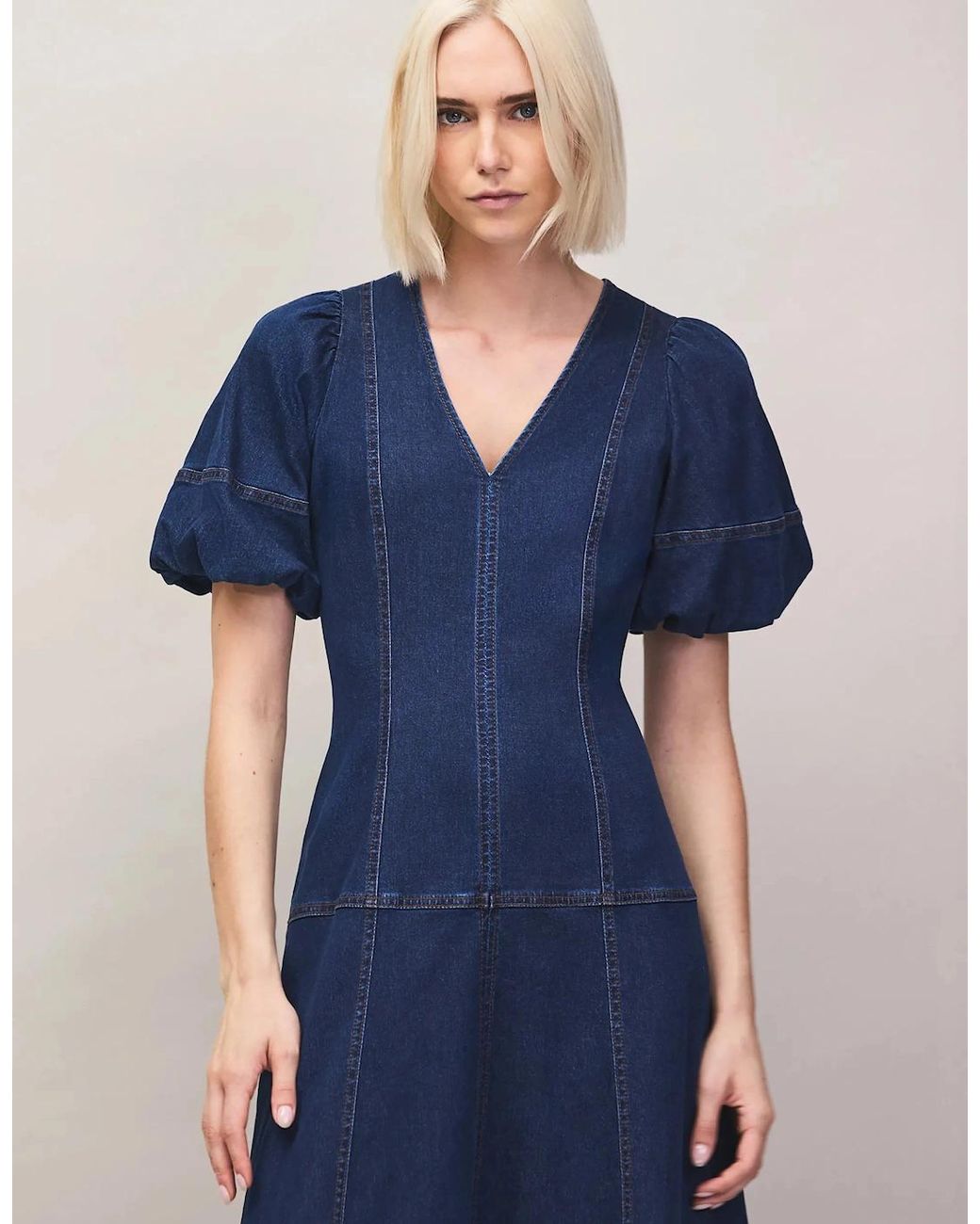 Ro&zo Blue Petite Denim Puff Sleeve Midi Dress