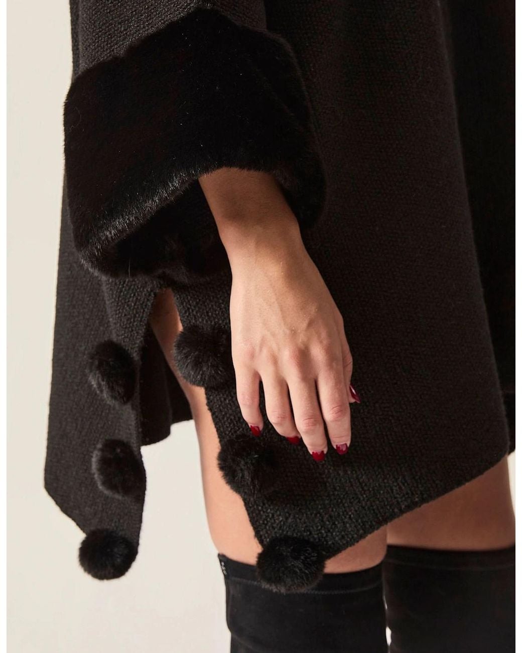 James Lakeland Black Pom Pom Faux Fur Knit Poncho