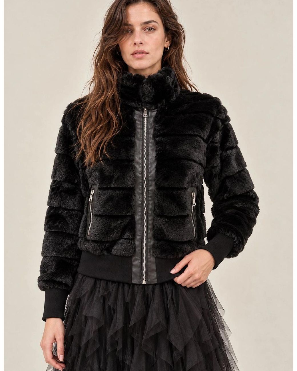 James Lakeland Black Panelled Faux Fur Jacket