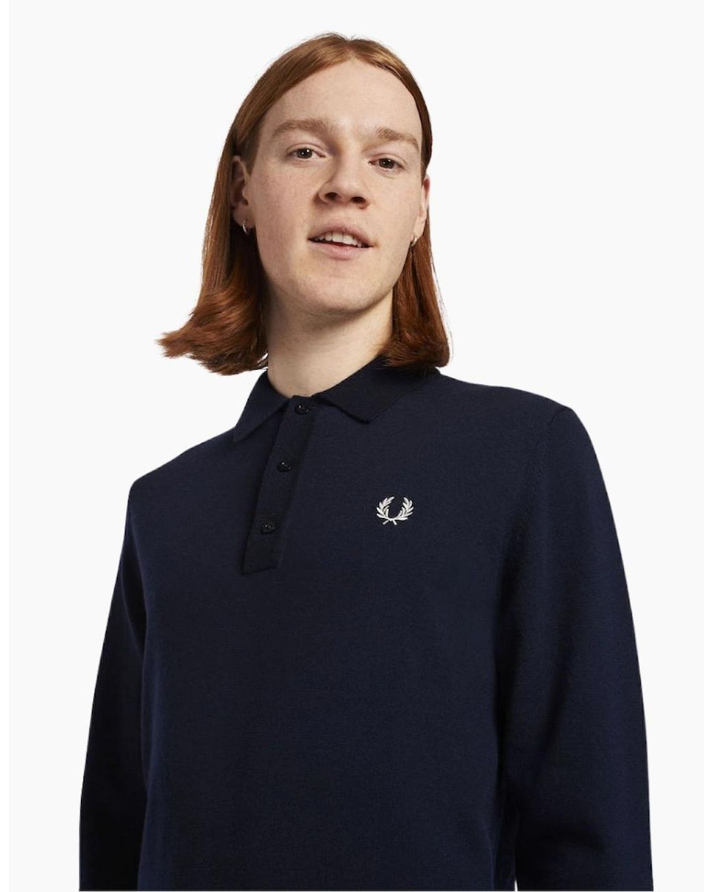Fred Perry Blue Classic Knitted Long Sleeve Polo Shirt for men