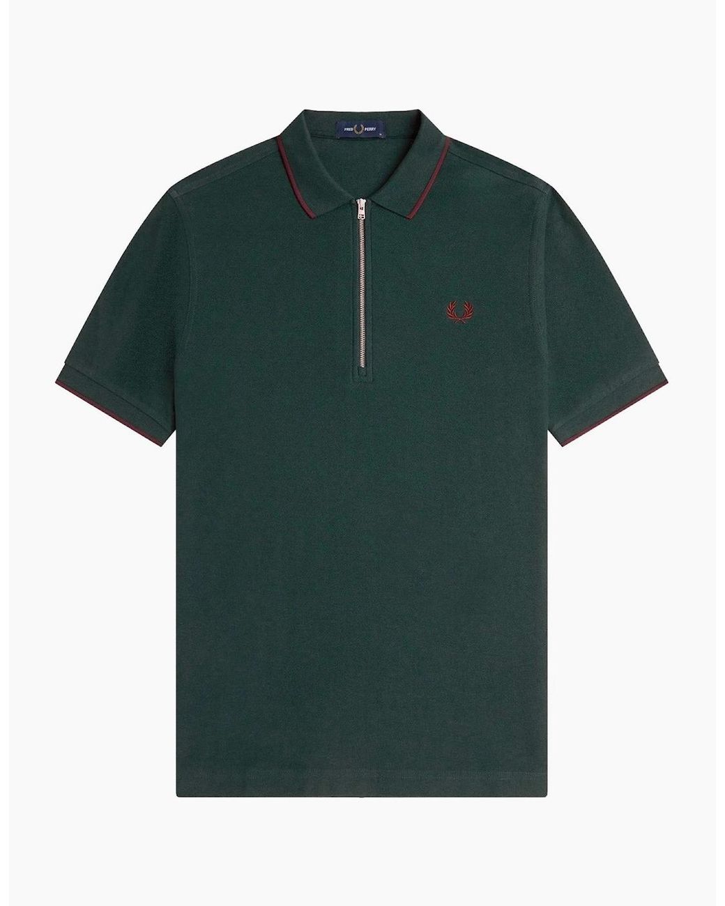 Fred Perry Green Crepe Pique Zip Neck Polo Shirt for men