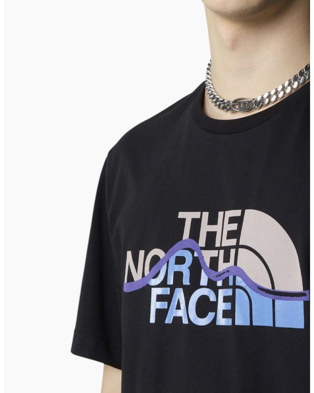 The North Face Black T Shirts Ss Mountain Line Tee Cotton Summer Crew Neck Tops for men