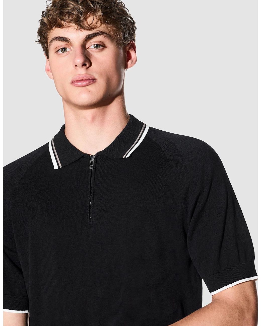 ARMANI EXCHANGE Black Zip Placket Knit Polo for men