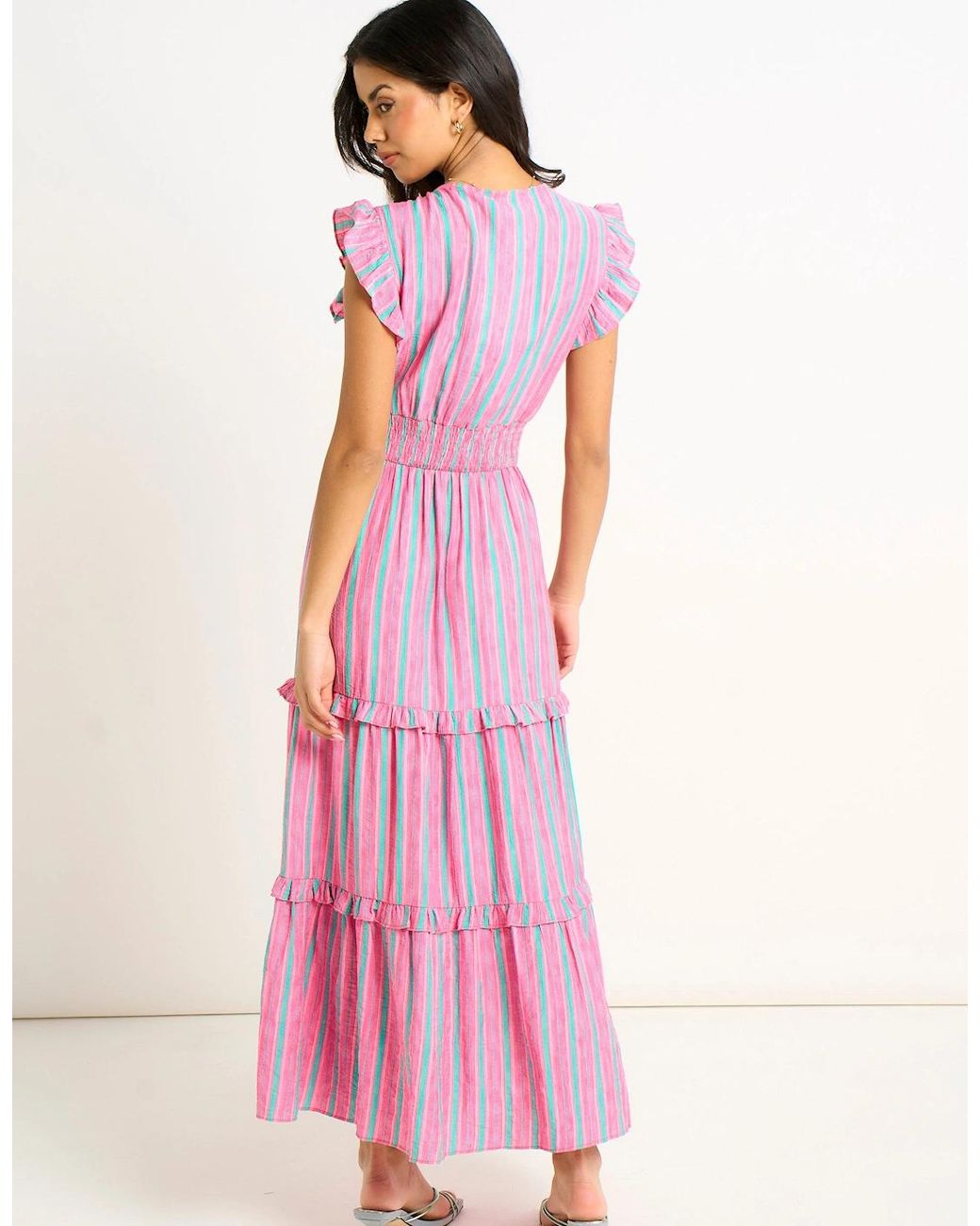 Gini London Pink Summer Stripe Shirred Waist Maxi Dress