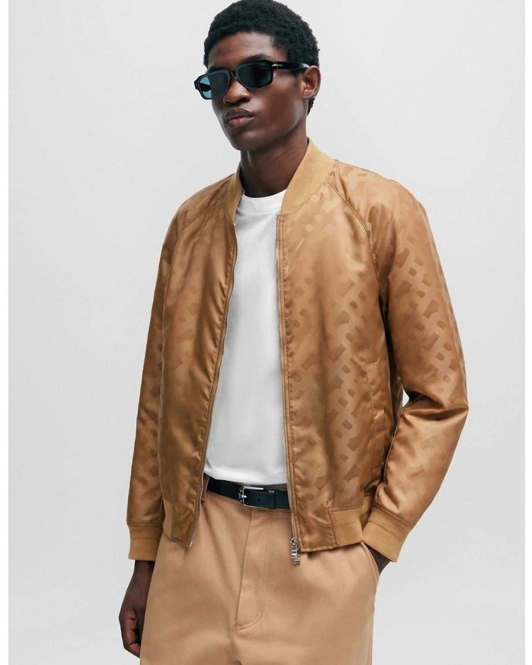 Boss Brown Geometric Patterned Ribbed Cuff Bomber Jacket for men