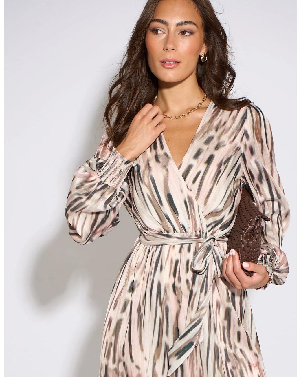 Gini London Natural Off Animal Print Sparkle Wrap Front Midi Dress