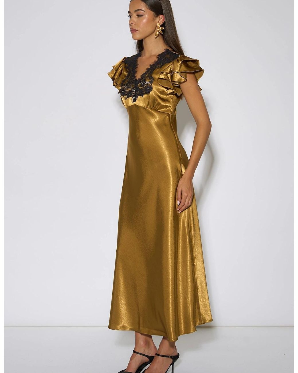 Gini London Metallic Contrast Lace Satin Midi Dress