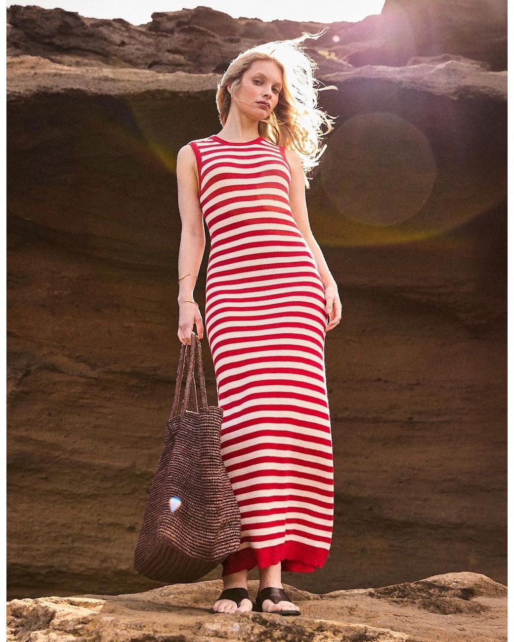 Ro&zo Red Stripe Cotton Knit Midi Dress