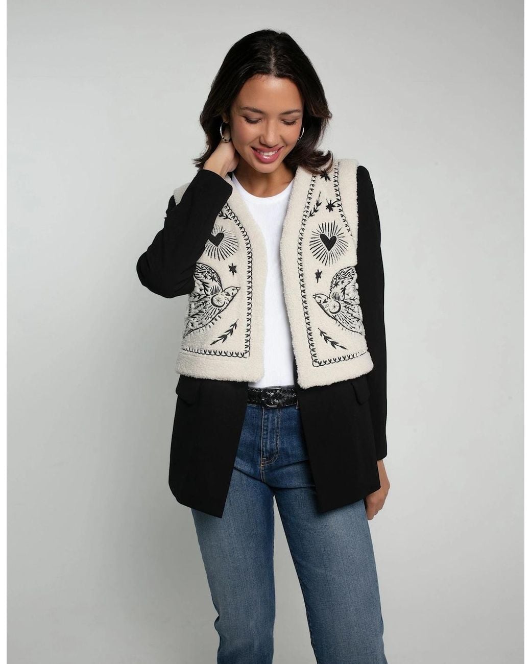 Nooki Design Blue Free Bird Embroidered Faux Shearling Gilet Cream