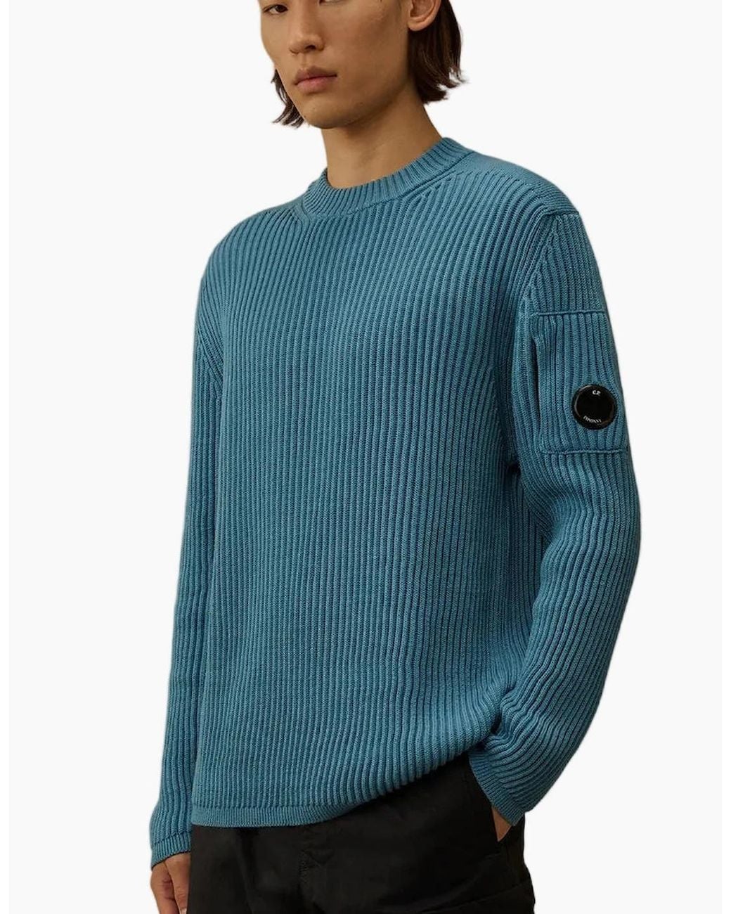 C P Company Blue Re-Wool Full Rib Crewneck Lens Knit for men