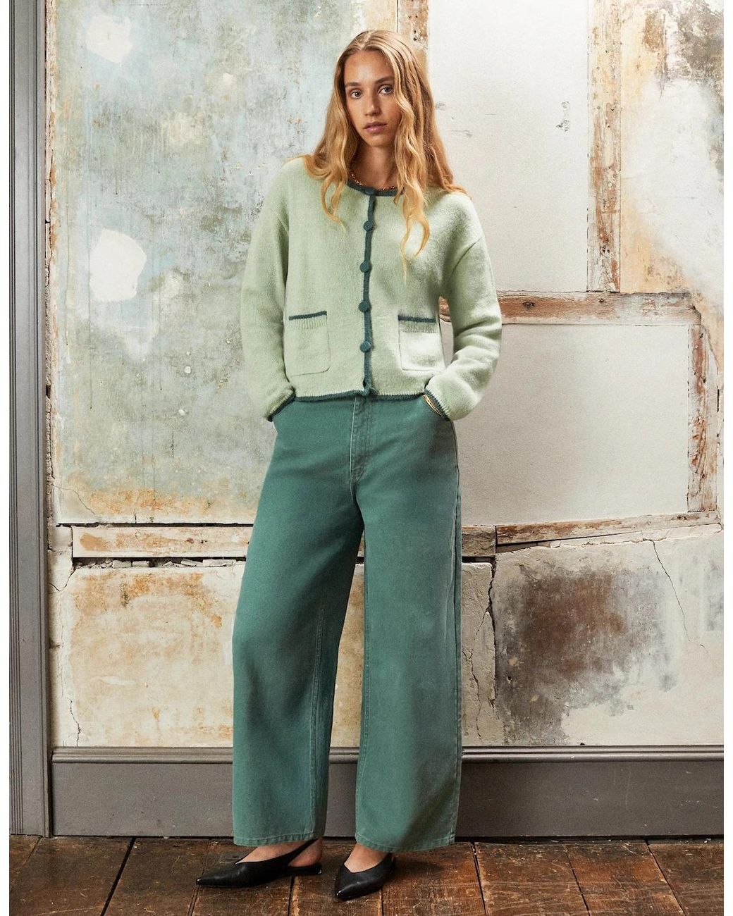 Ro&zo Green Contrast-Stitch Knit Cardigan With Wool And Alpaca
