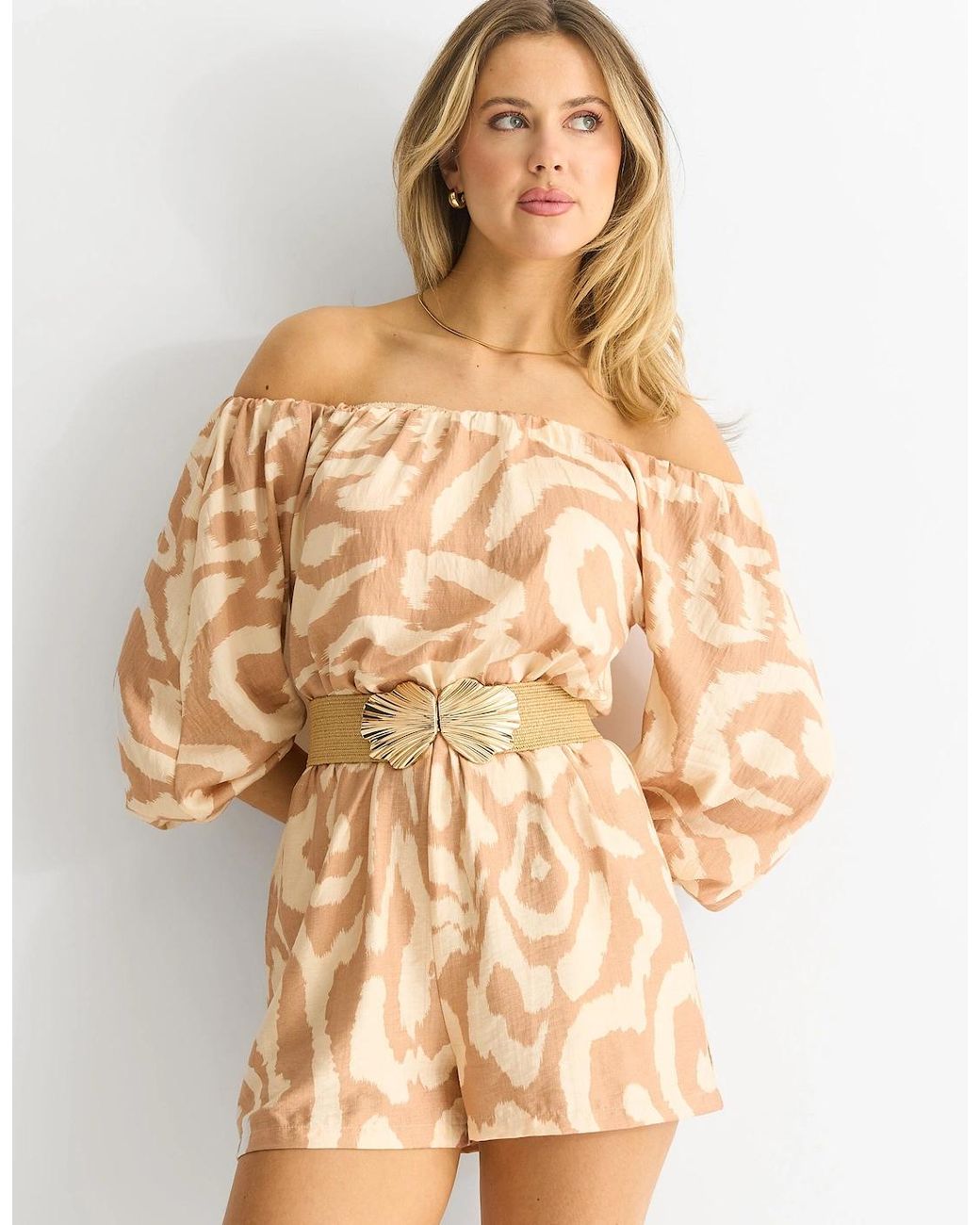 Gini London Natural Abstract Belted Bardot Viscose Playsuit