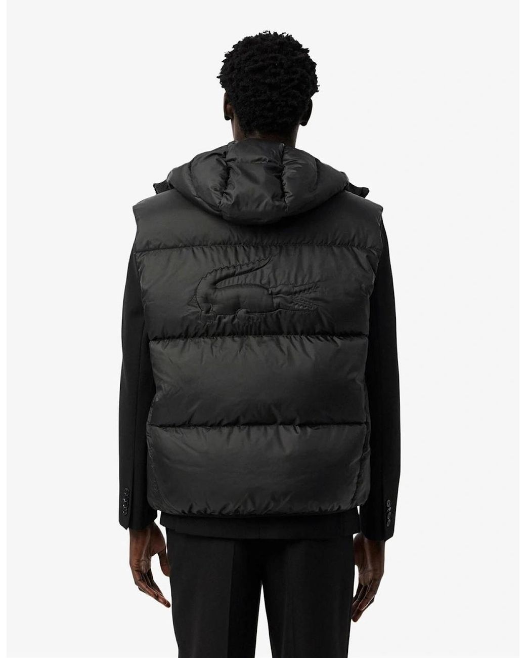 Lacoste Black Solid Patterned Embossed Logo Hooded Puffer Coat for men