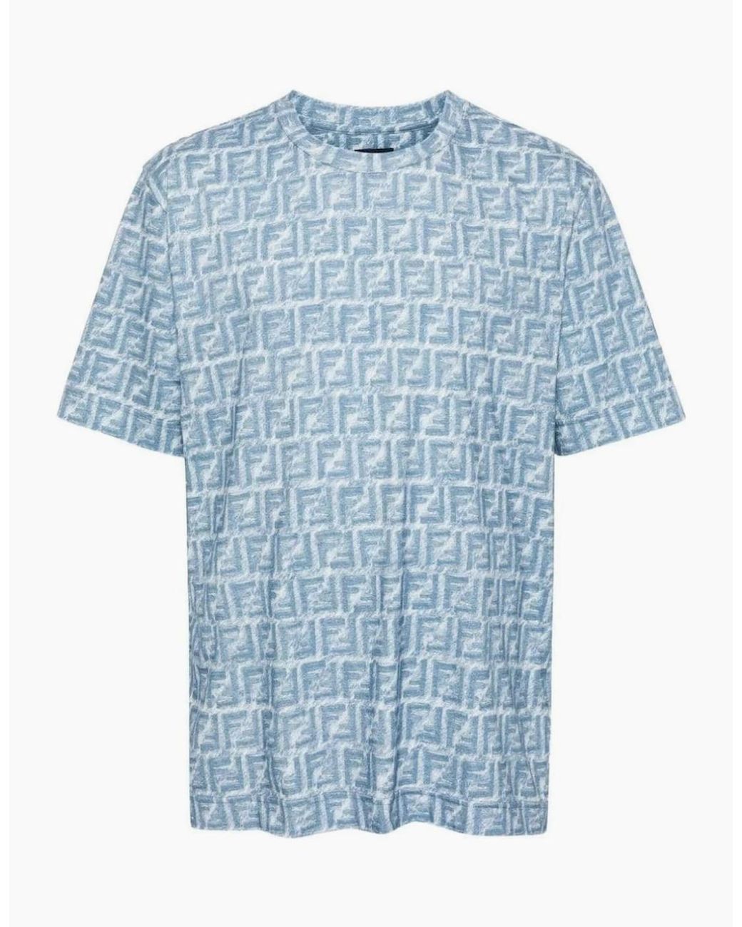 Fendi Blue Jeans Fringed Monogram Ff Print Oversized T-Shirt for men