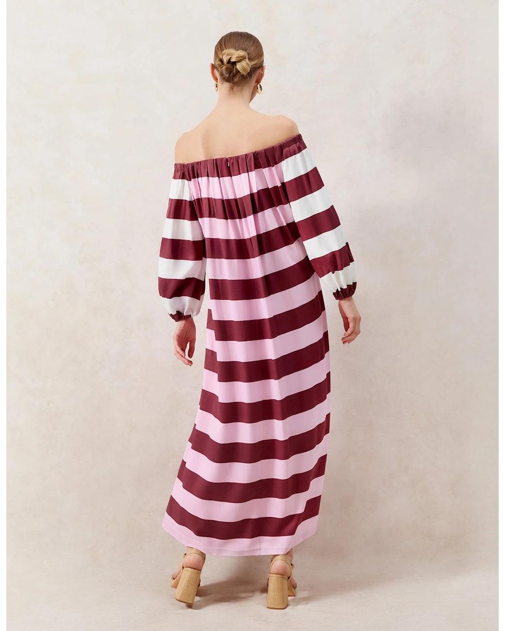 Ro&zo Red Gigi Striped Bardot Maxi Dress