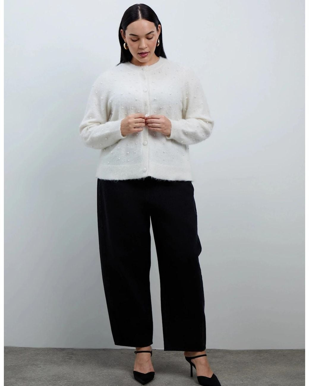 Live Unlimited London White Pearl Button Through Cardigan With Mohair