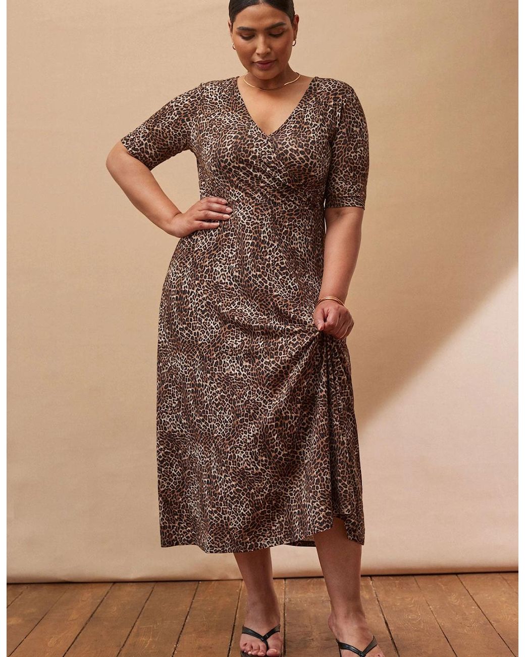 Live Unlimited London Brown Leopard Print Half Length Sleeve Wrap Dress
